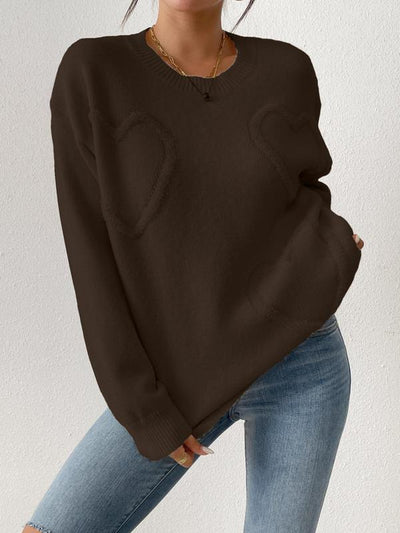 Women'S Heart Patched Drop Shoulder Sweater, Casual Soft Long Sleeve round Neck Jumper for Fall & Winter, Fashion Style Ladies' Knitwear for Daily Wear