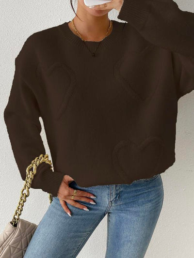 Women'S Heart Patched Drop Shoulder Sweater, Casual Soft Long Sleeve round Neck Jumper for Fall & Winter, Fashion Style Ladies' Knitwear for Daily Wear