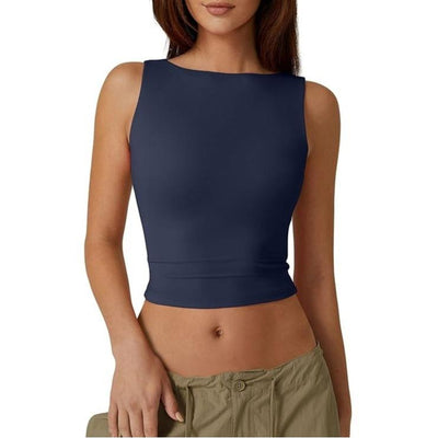 QINSEN Women'S Sexy Open Back Sleeveless Crop Tank High Neck Slim Fit Cropped Tee Shirt Y2K Tops Comfort Fabric
