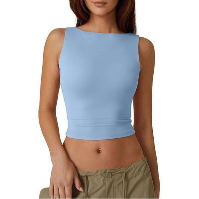 QINSEN Women'S Sexy Open Back Sleeveless Crop Tank High Neck Slim Fit Cropped Tee Shirt Y2K Tops Comfort Fabric