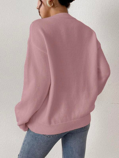 Women'S Heart Patched Drop Shoulder Sweater, Casual Soft Long Sleeve round Neck Jumper for Fall & Winter, Fashion Style Ladies' Knitwear for Daily Wear