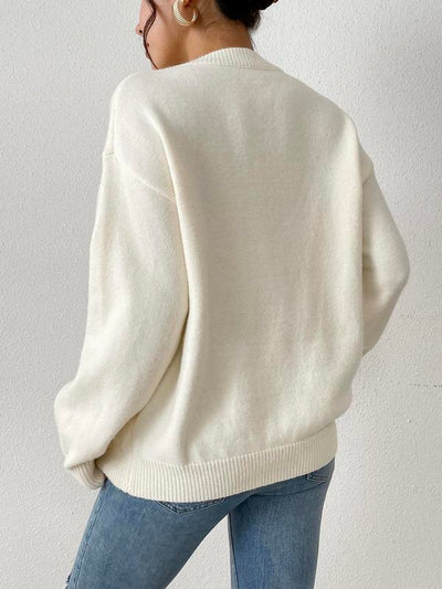Women'S Heart Patched Drop Shoulder Sweater, Casual Soft Long Sleeve round Neck Jumper for Fall & Winter, Fashion Style Ladies' Knitwear for Daily Wear