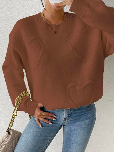 Women'S Heart Patched Drop Shoulder Sweater, Casual Soft Long Sleeve round Neck Jumper for Fall & Winter, Fashion Style Ladies' Knitwear for Daily Wear